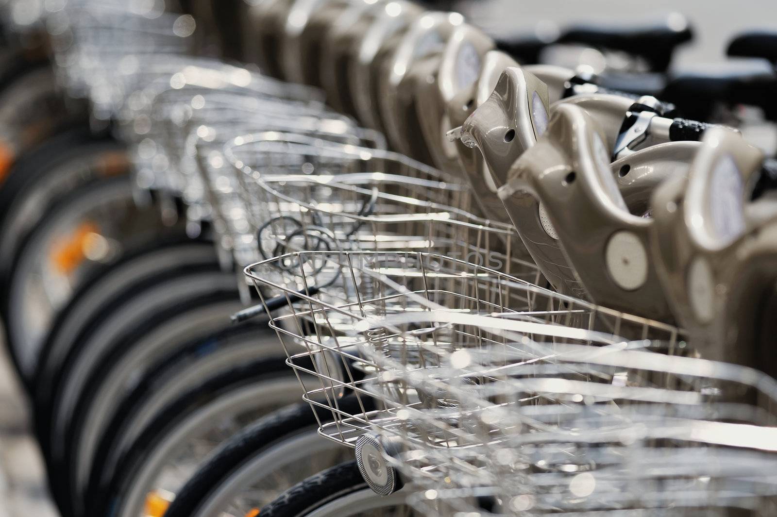 Group of bicycles in the row. Photo with tilt-shift lens