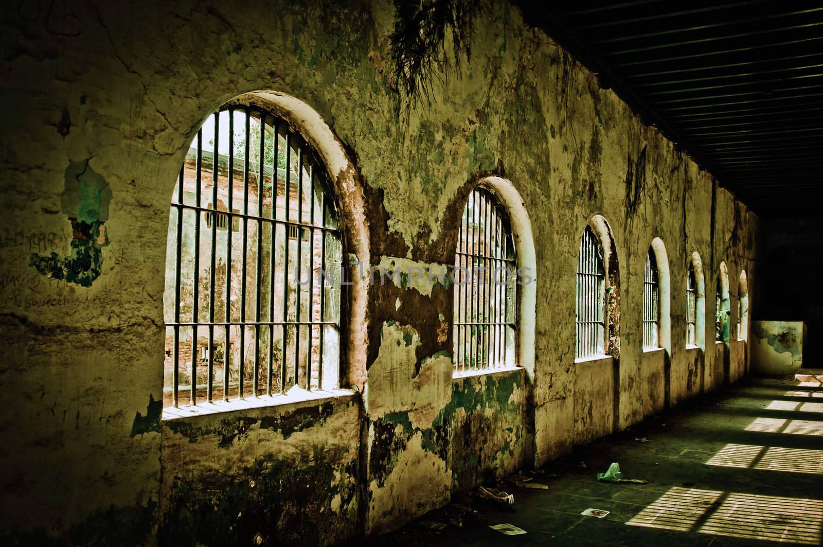 An old deserted jail on a bright sunny day