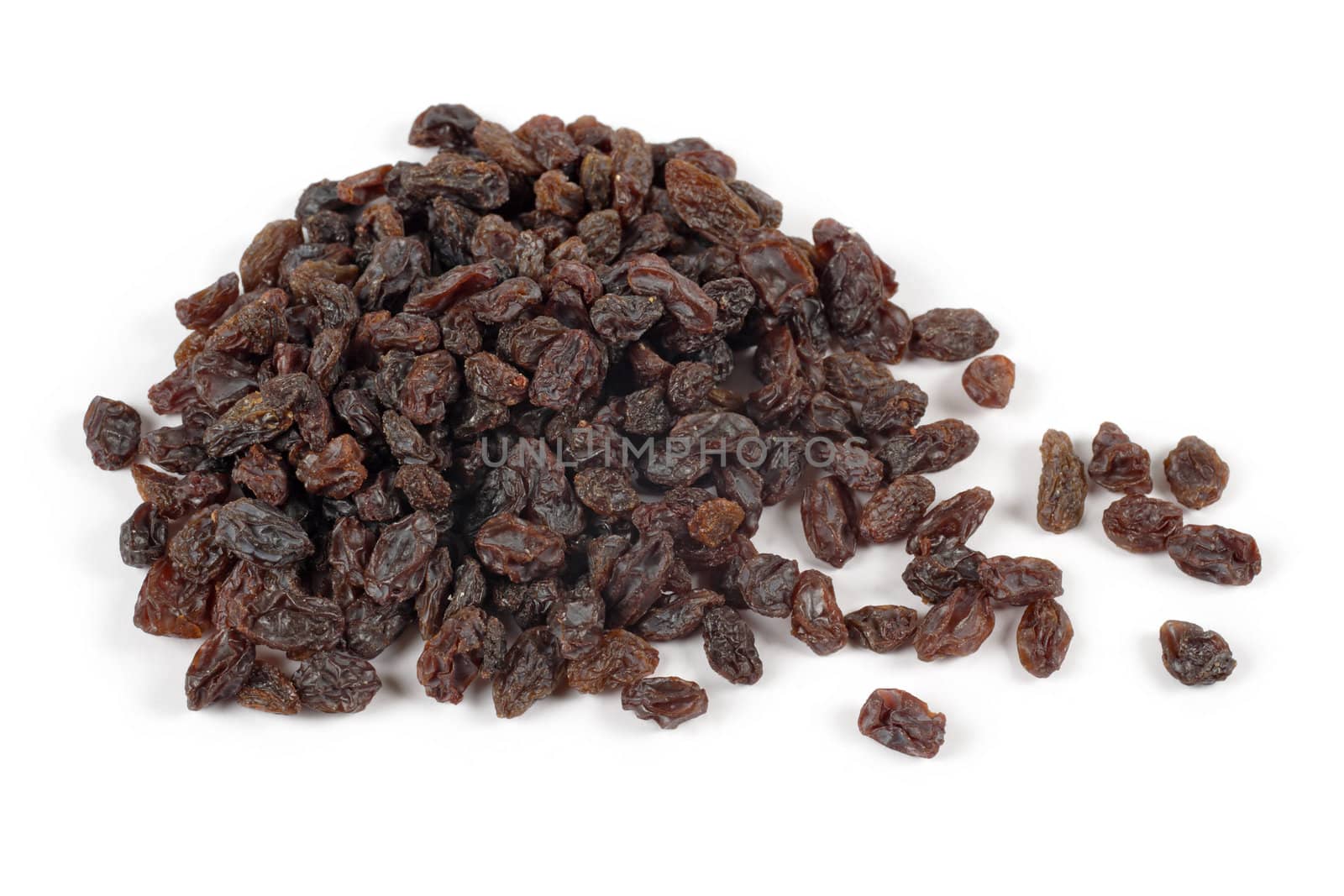 Photo of a pile of raisins on a white background.