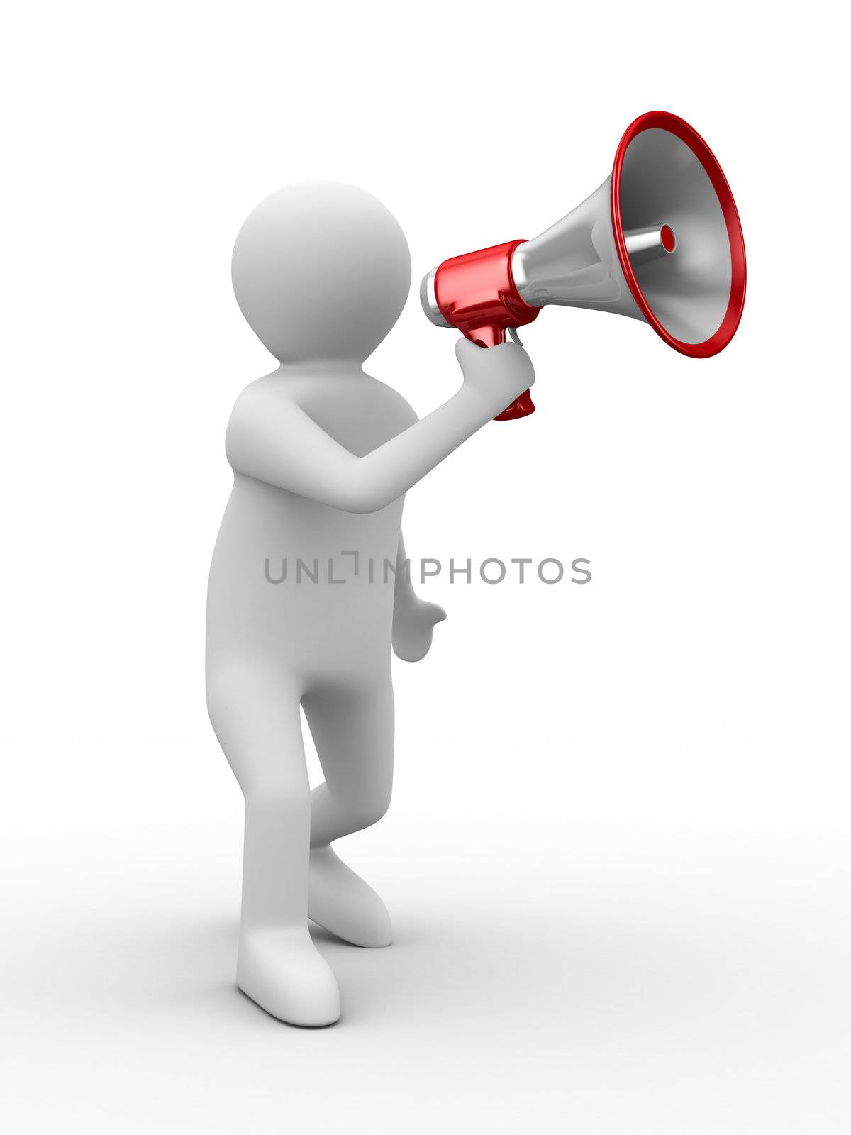 orator speaks in megaphone. Isolated 3D image