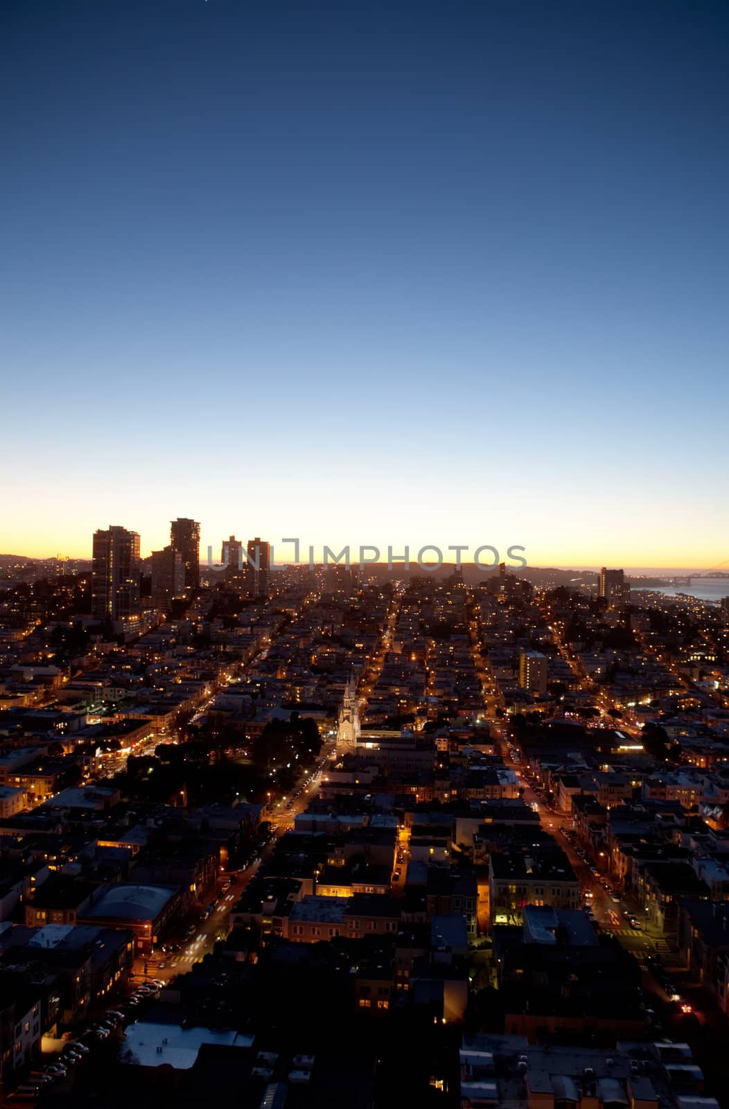 An evening cityscape of San Francisco taken from the Coit Tower