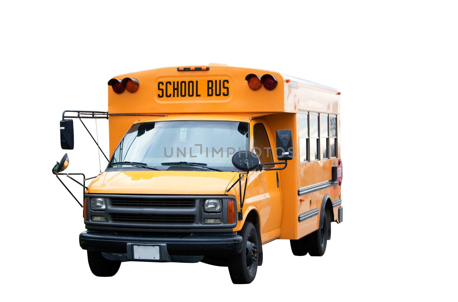 A yellow isolated school bus on white