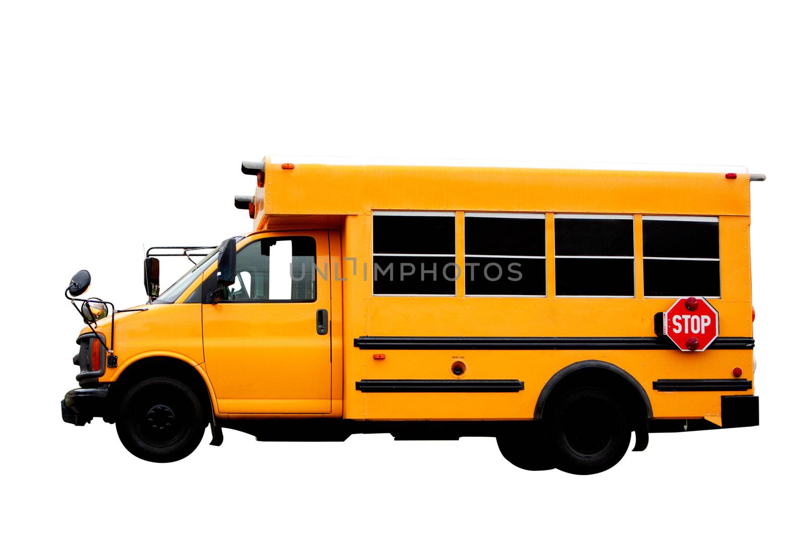 A yellow isolated school bus on white