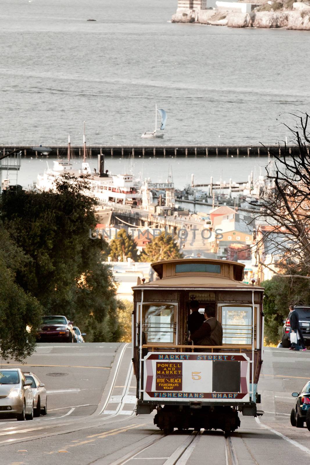 A San Francisco cable car desending down Hyde Street