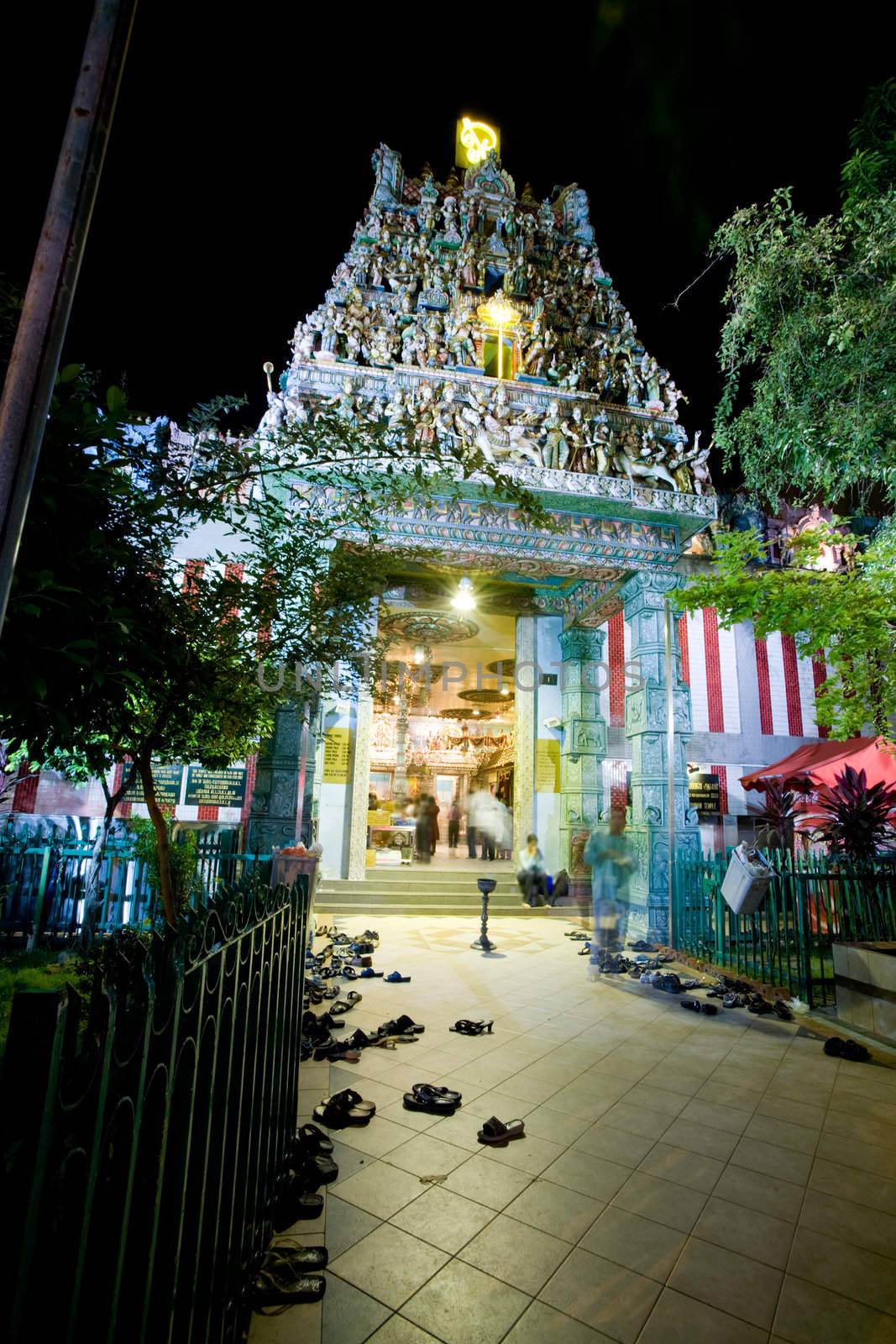 A night shot of a hindu temple in Singapore