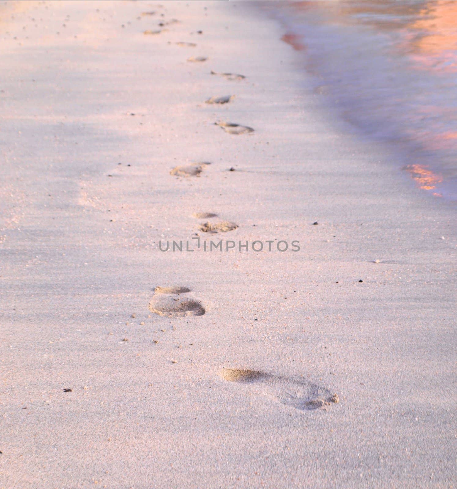 Footprints in sand, on a beach, close to sea