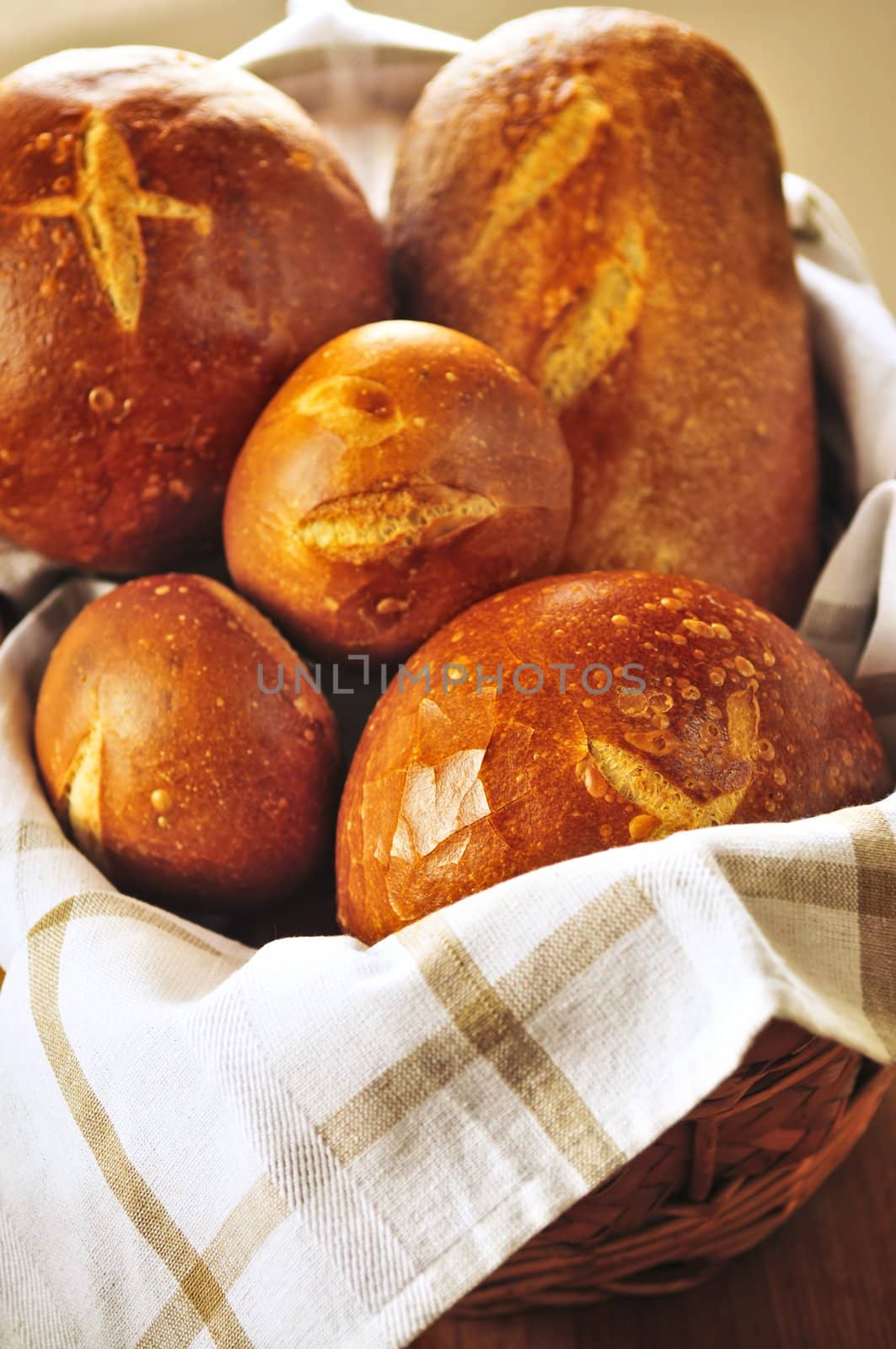 Small and large round loaves of sourdough bread in basket