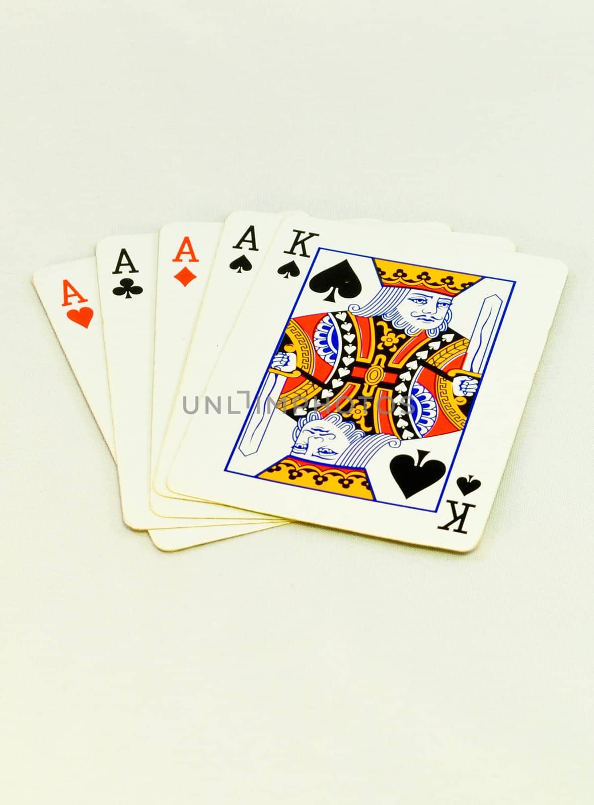 Fiver poker cards with four aces and a king
