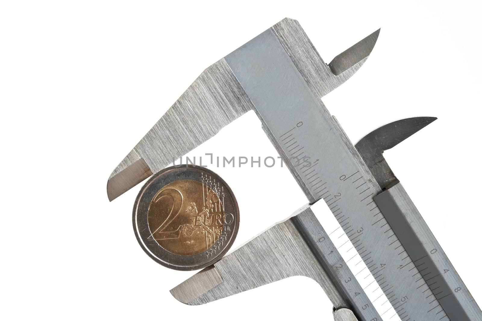 caliper with two euro coin isolated on white background with clipping path
