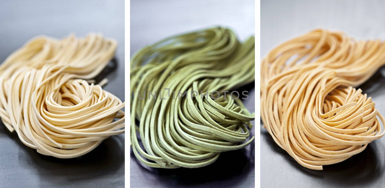 Assorted bundles of colorful raw tagliolini pasta noodles