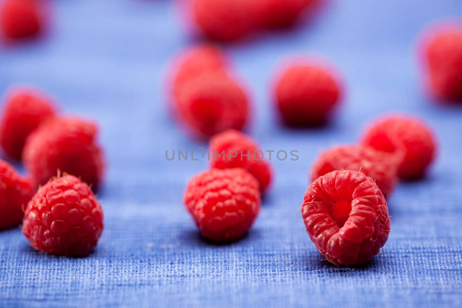 Fresh raspberries isolated on a blue cloth