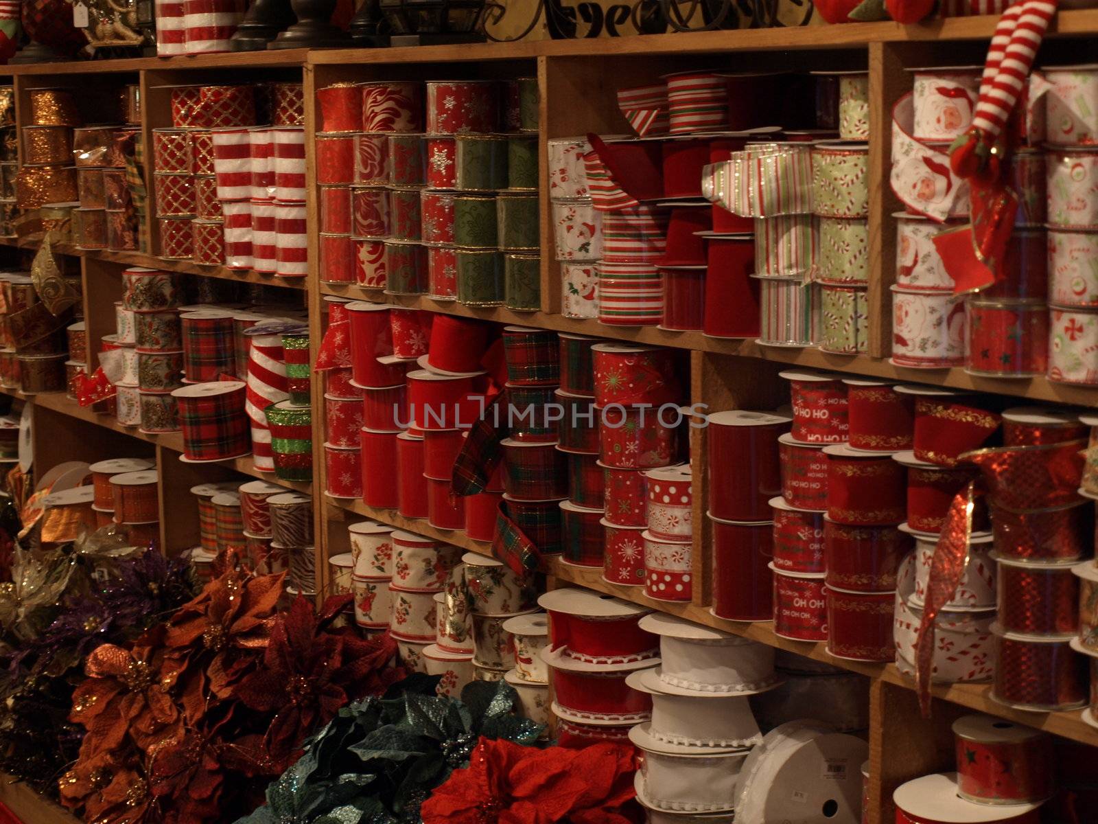 Holiday spirit at a christmas store with ribbon on display