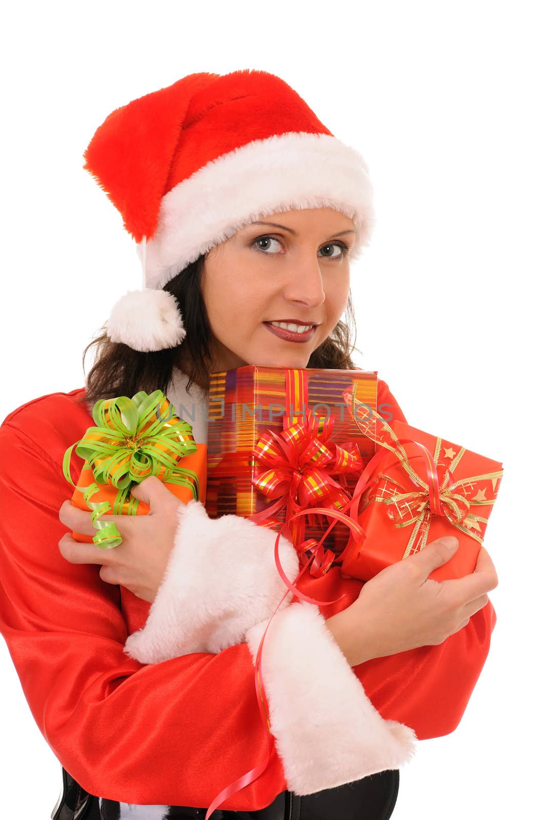 santa woman with gift isolated on white background