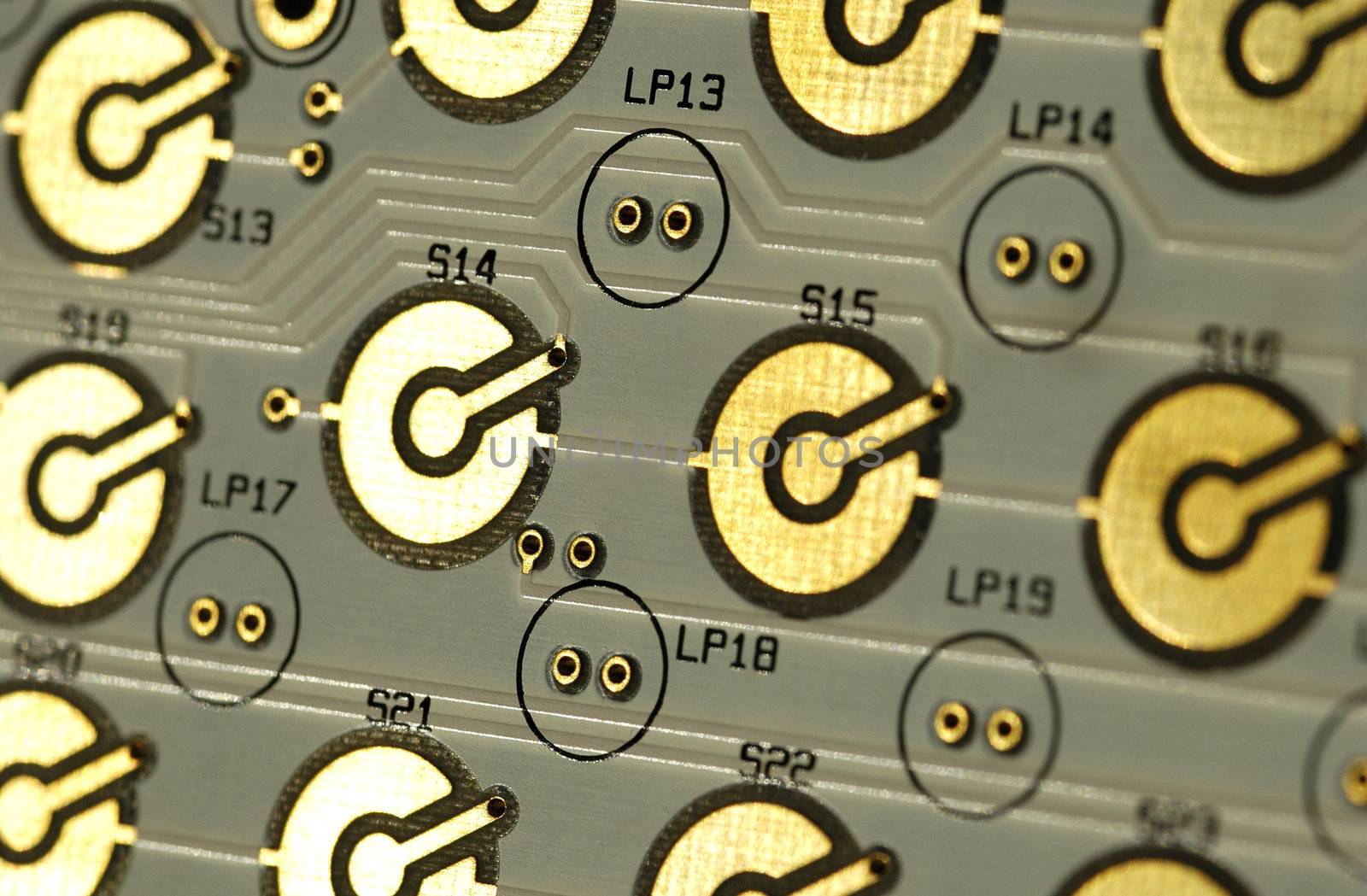 gold plated component parts on a computer circuitboard