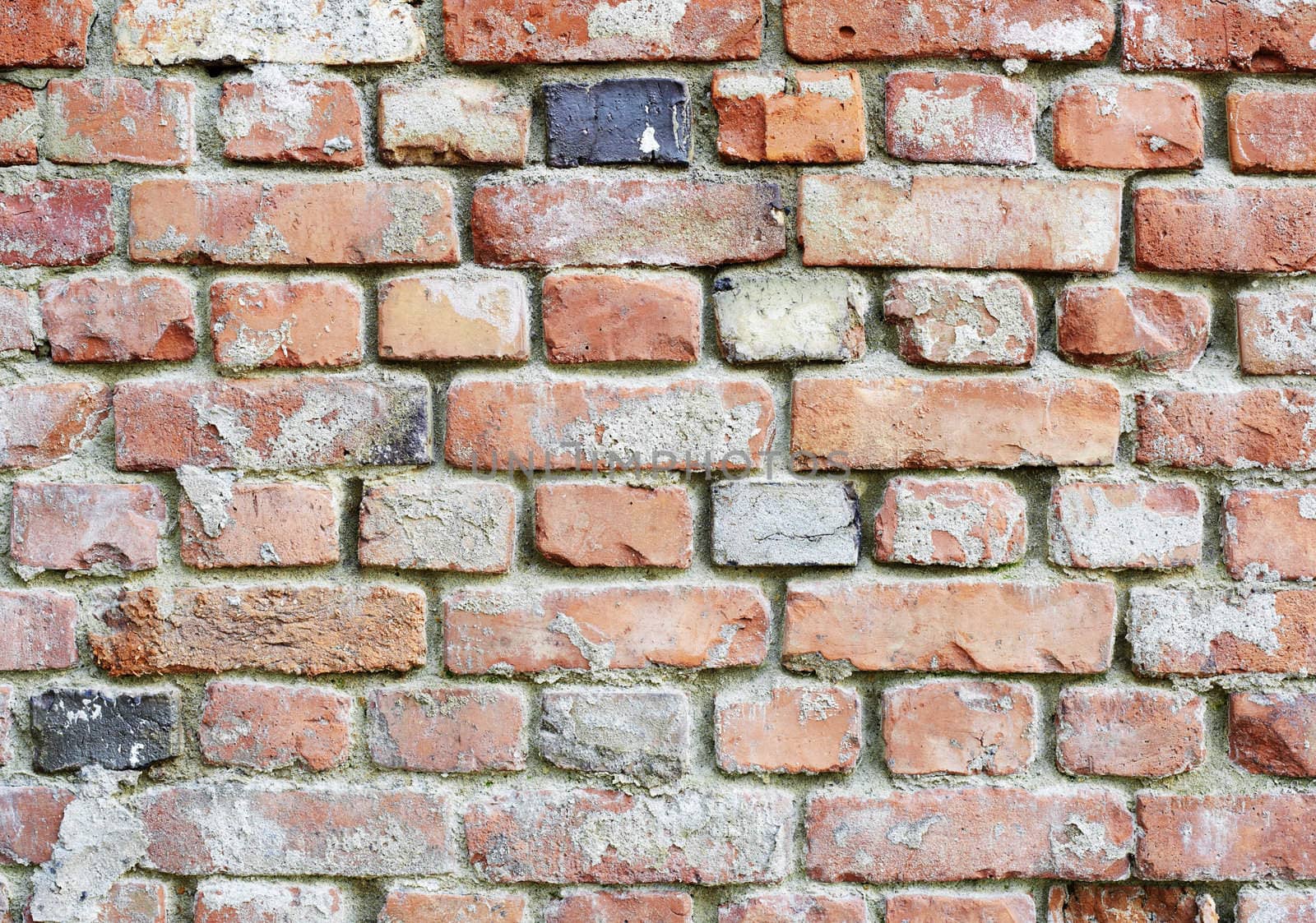 Old dilapidated rough brick red wall with stains