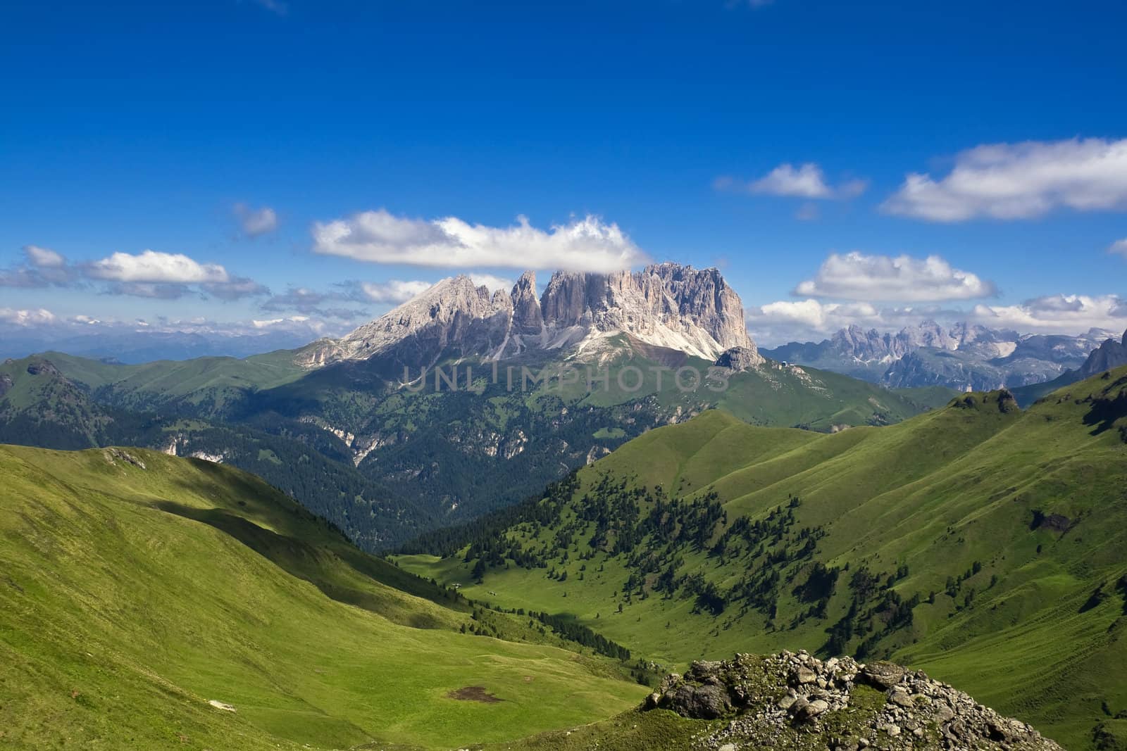 Summer portrait of Italian Dolomites in val di Fassa with Sassolungo mount