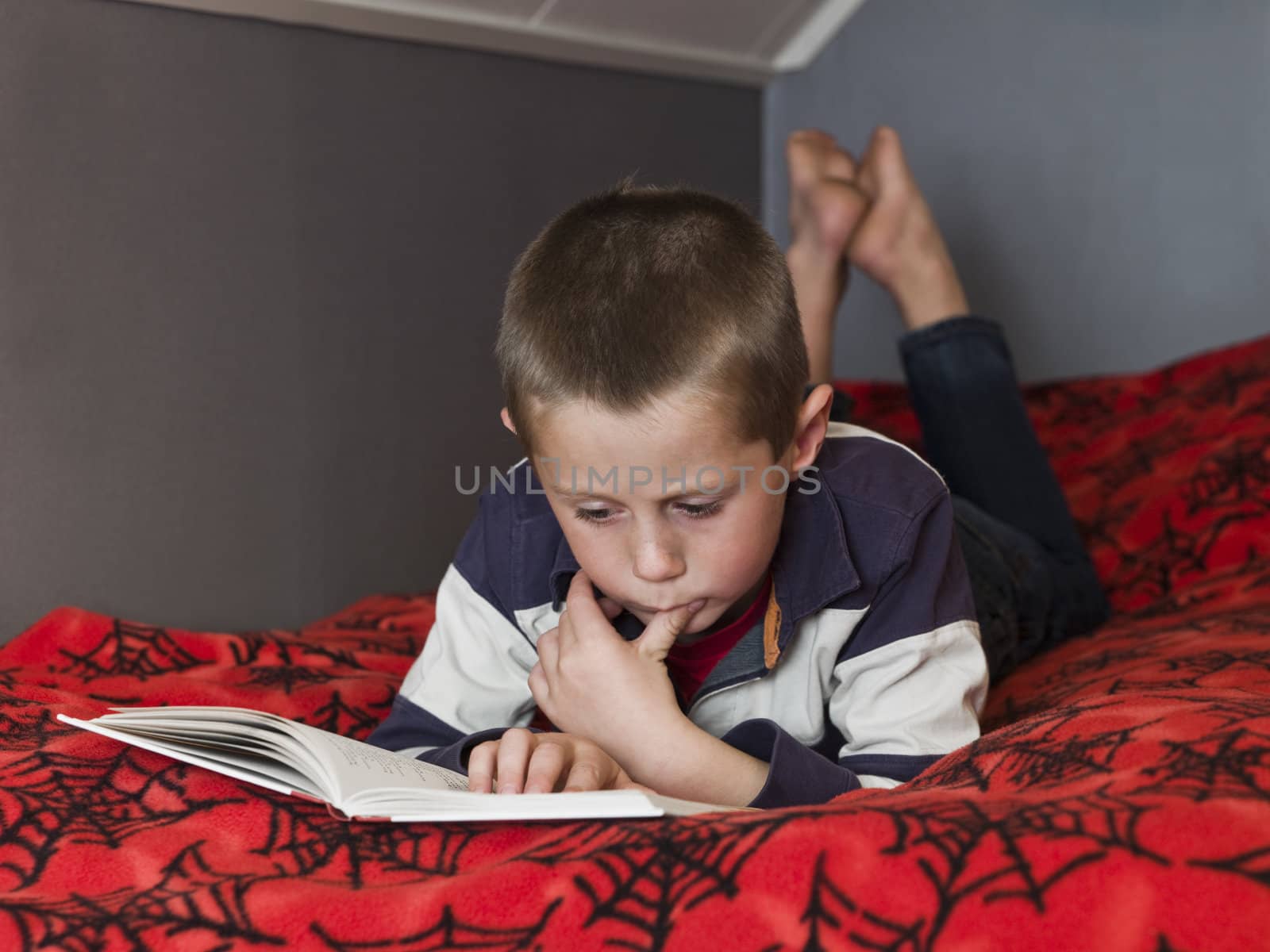 Young Boy in the bed reading a book