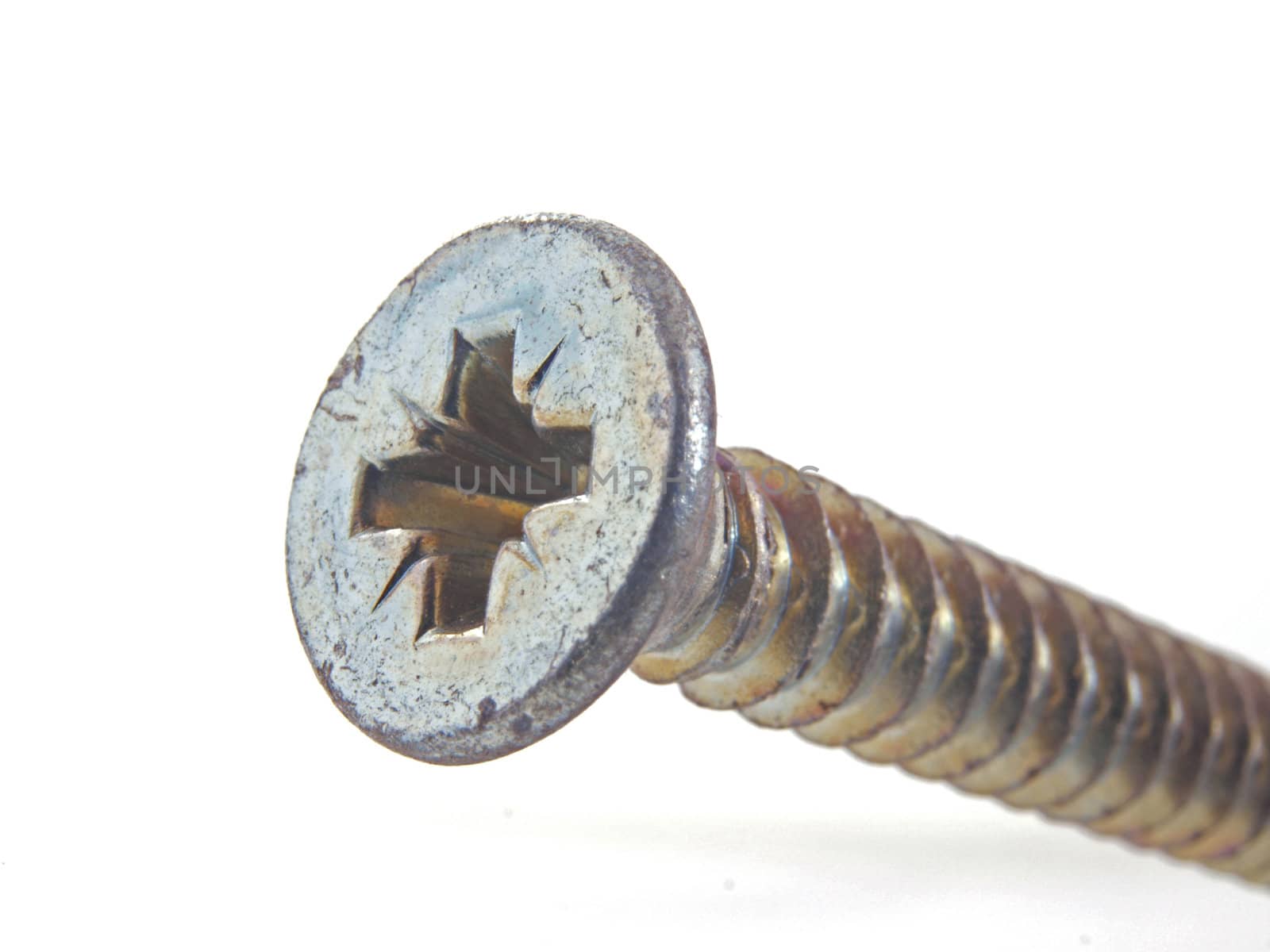 Countersunk chrome wood screw on a plain white background.