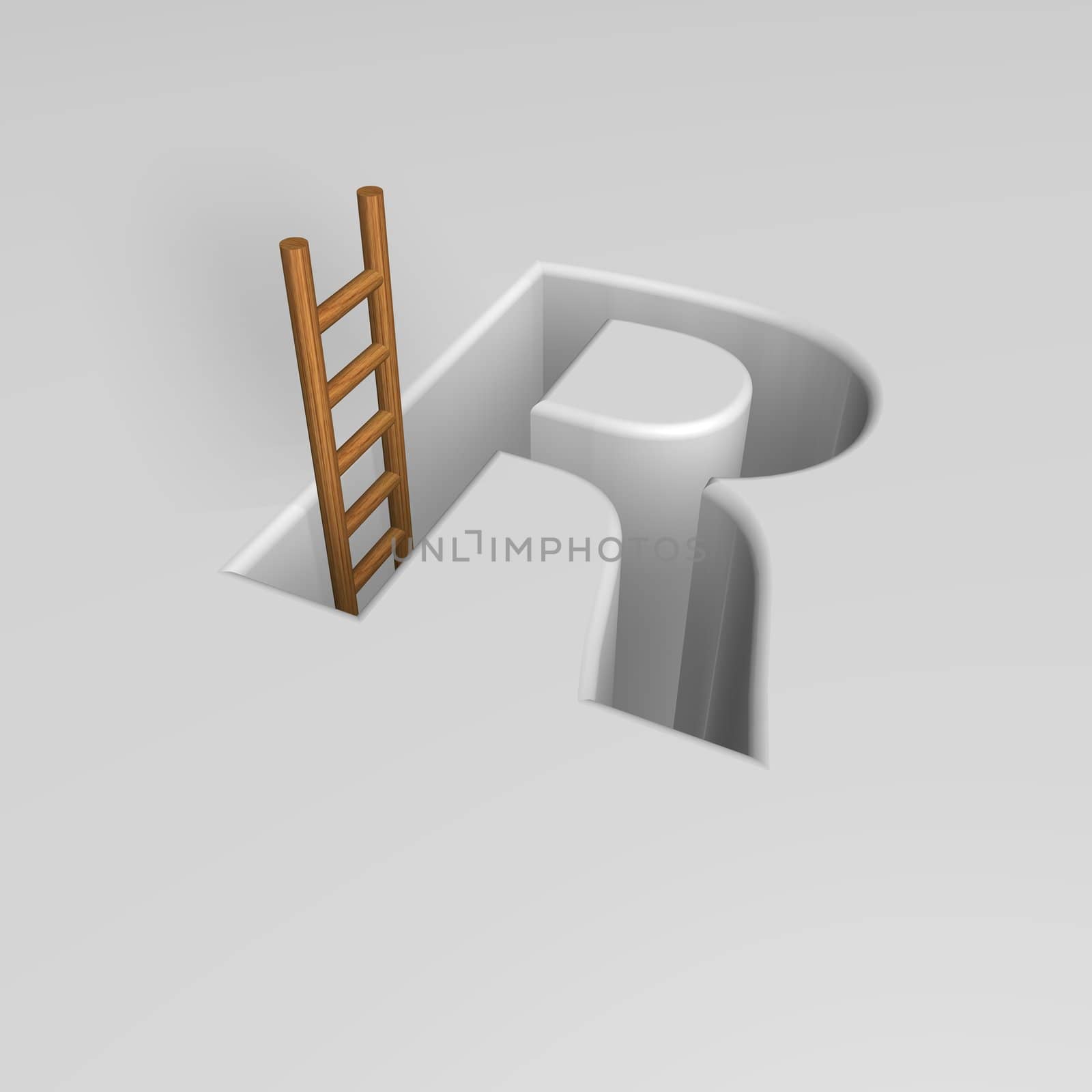 uppercase letter r shape hole with ladder - 3d illustration