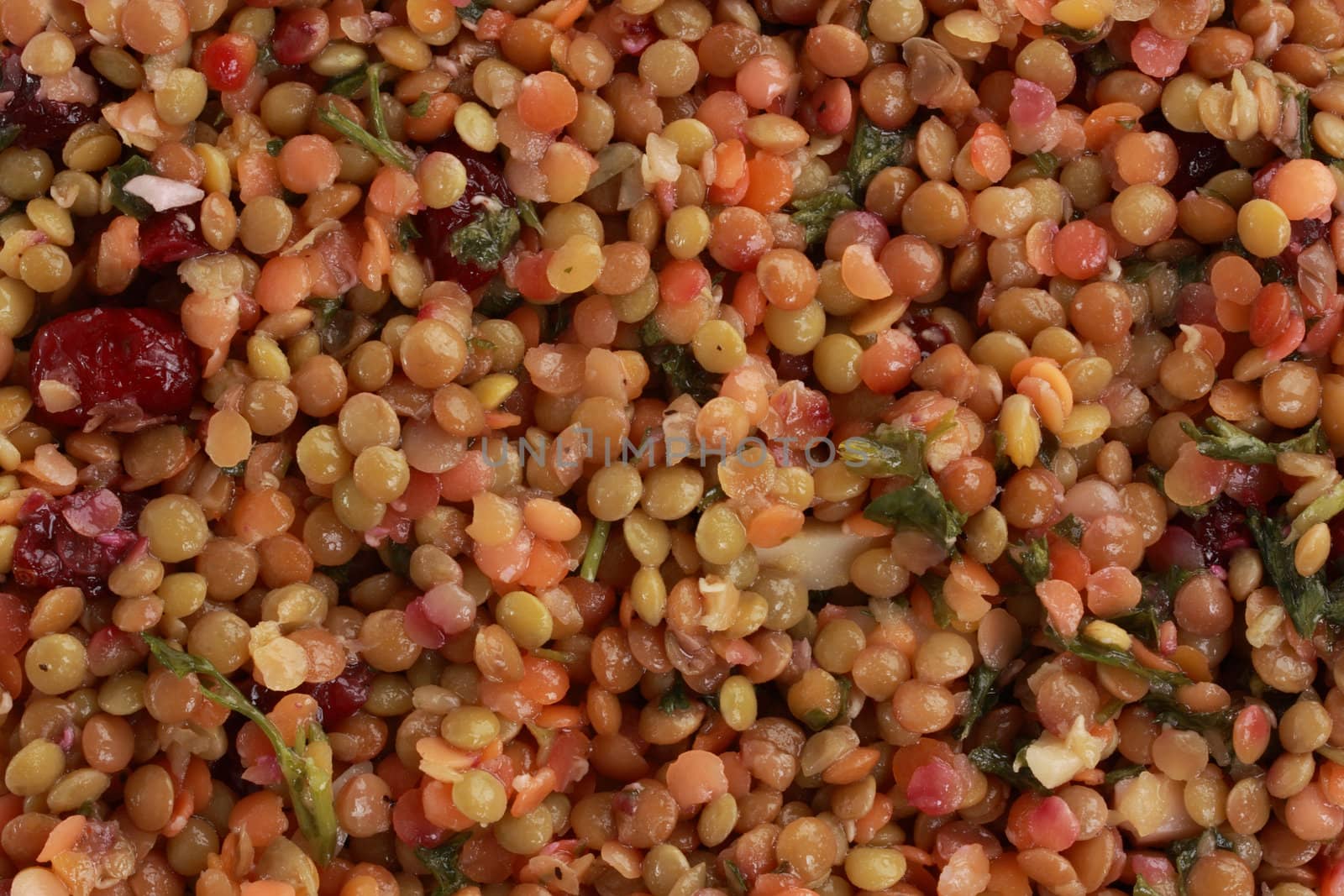 top view of green, red and brown lentil salad