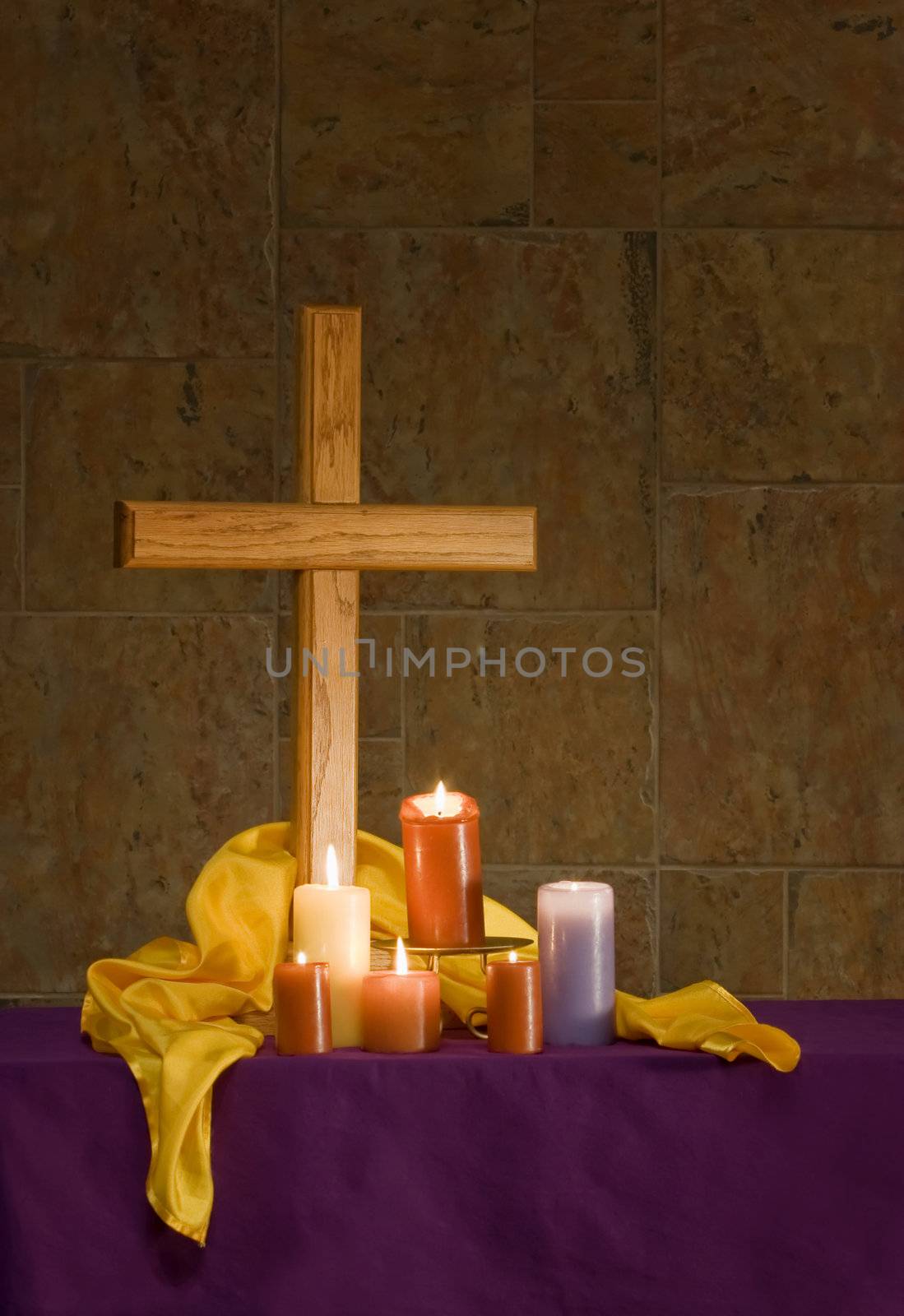 Christian alter with cross and candles by Creatista