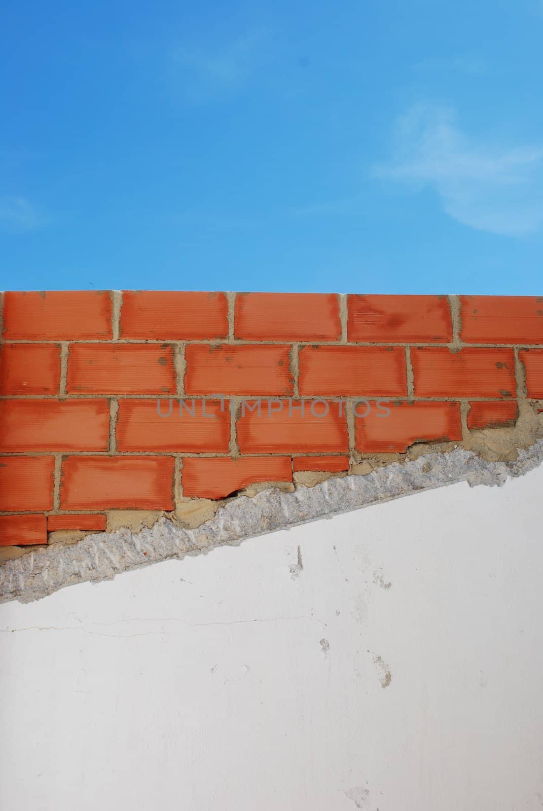 photo of a wall under construction (blue sky background)