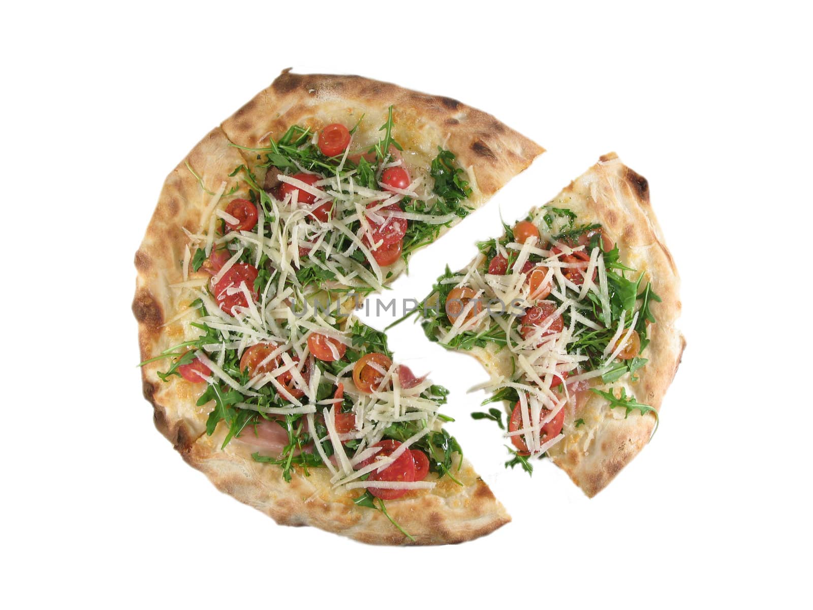 Italian pizza with uncooked fresh tomatoes, cheese and rocket, isolated on white.