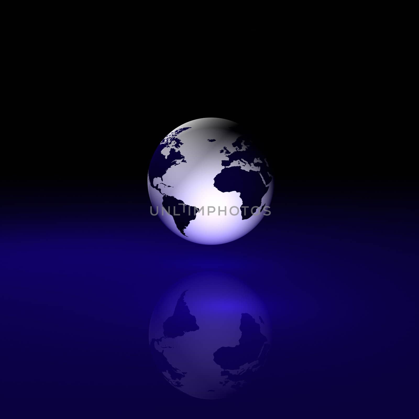 Globe on abstract black/blue background.