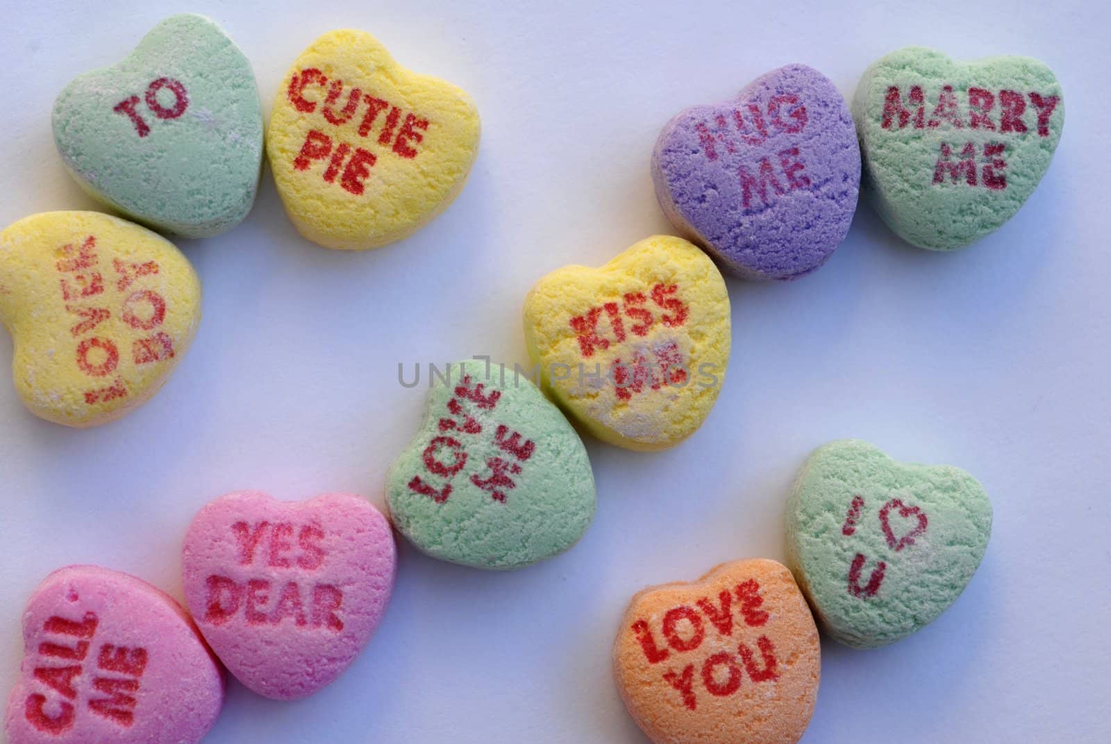 An isolated shot of Love Heart Candy in different colors