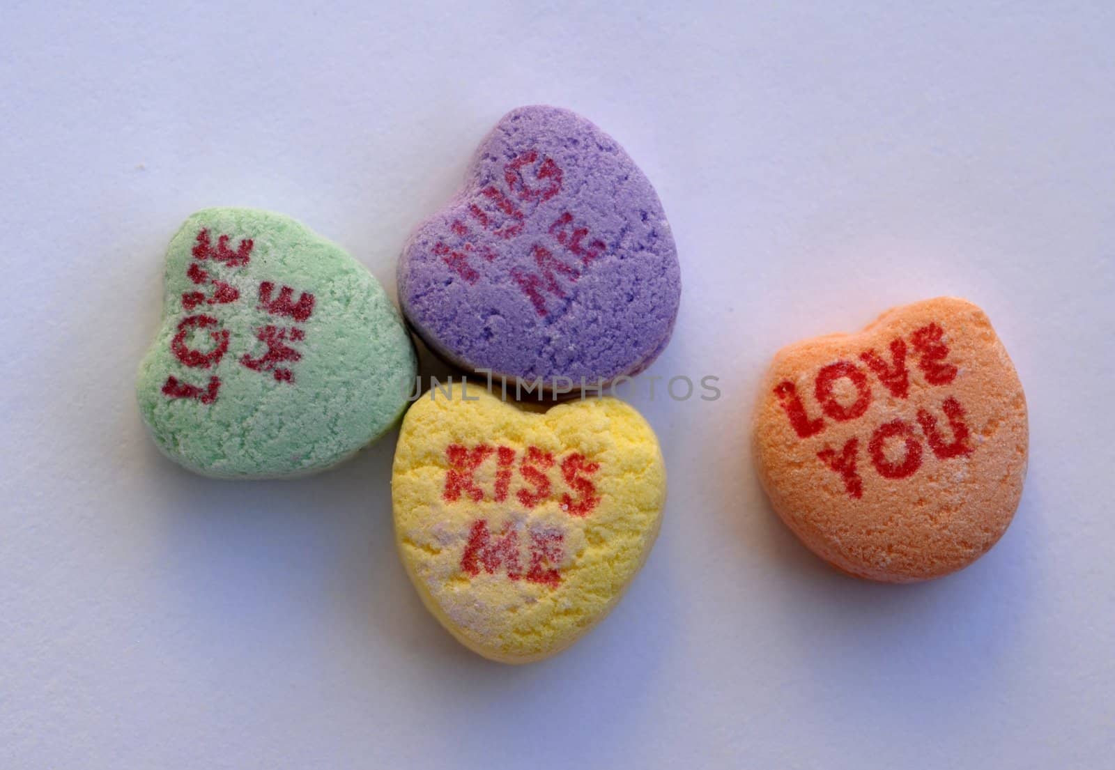 An isolated shot of Love Heart Candy in different colors