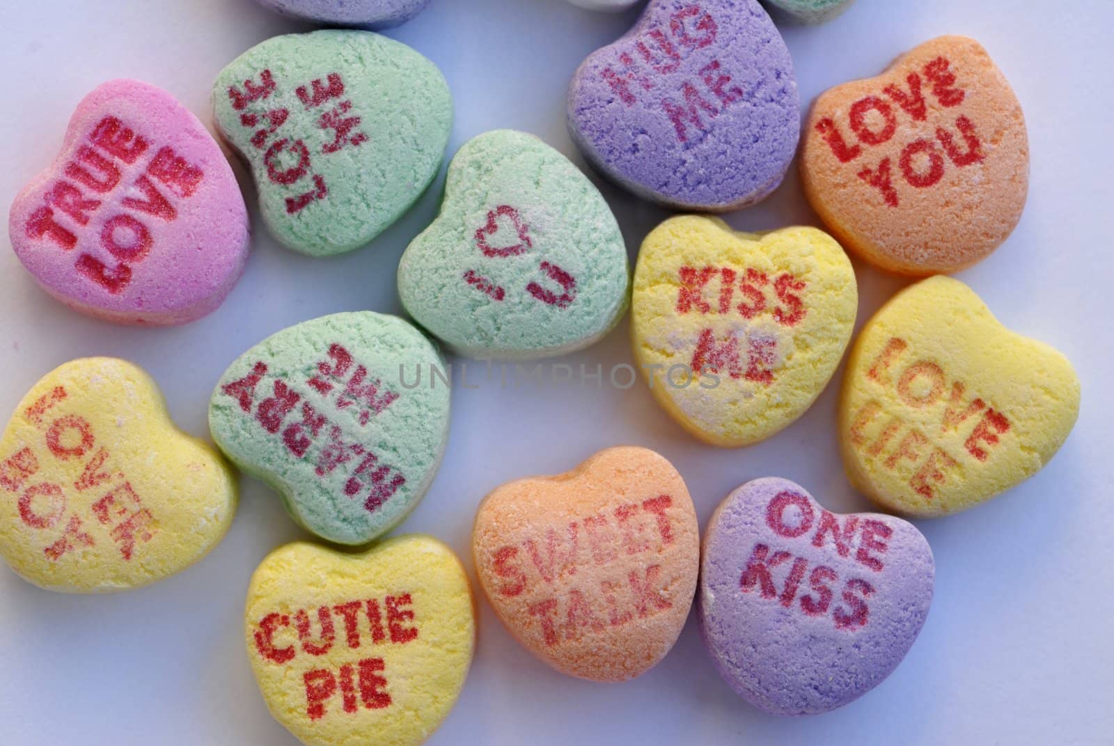 An isolated shot of Love Heart Candy in different colors
