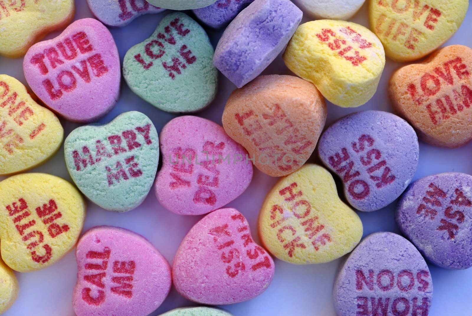 An isolated shot of Love Heart Candy in different colors