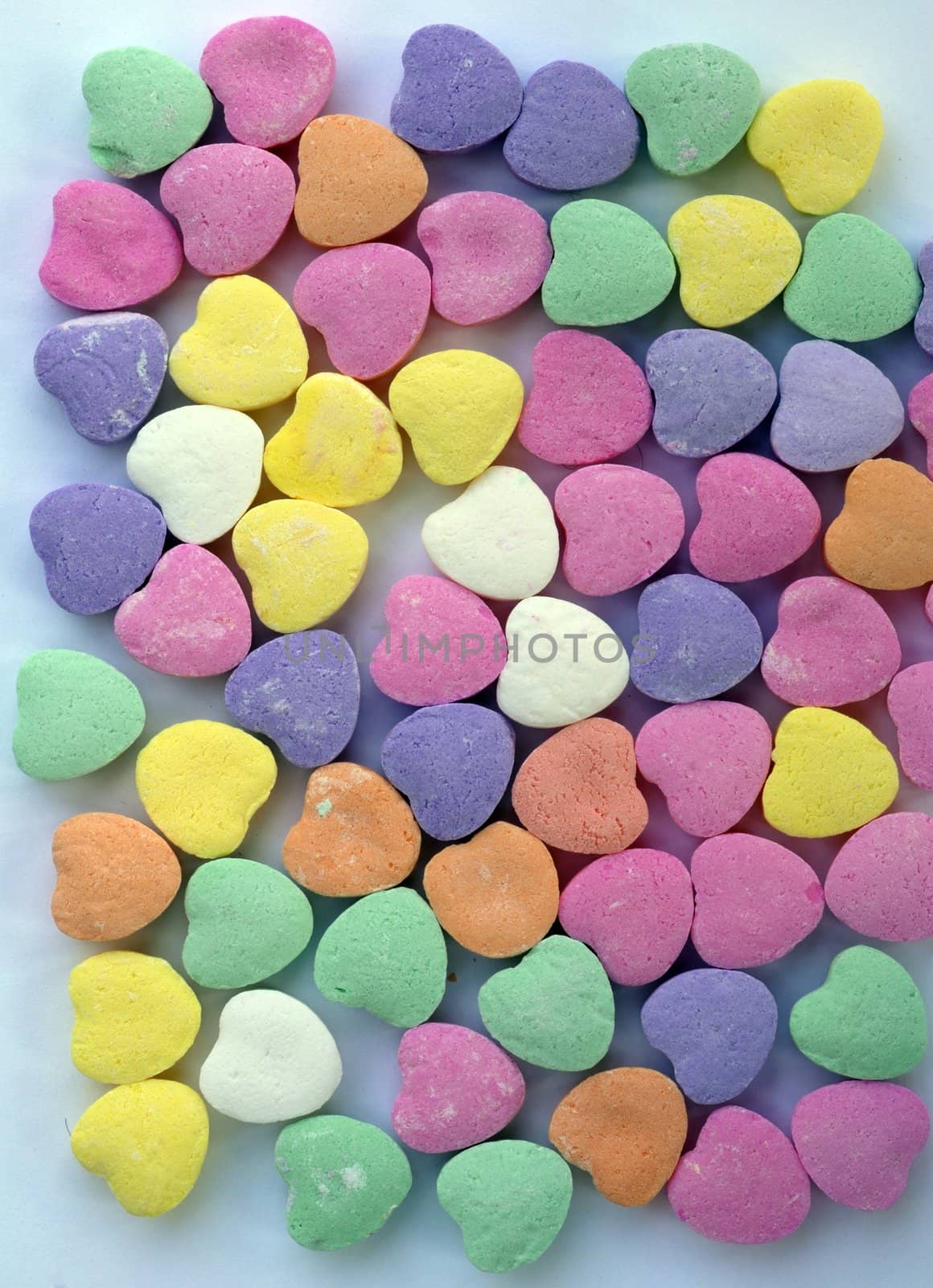 An isolated shot of Love Heart Candy in different colors