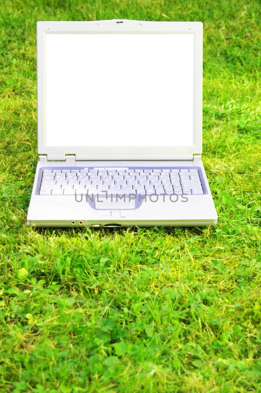 laptopn in green grass with blank or empty screen for copyspace