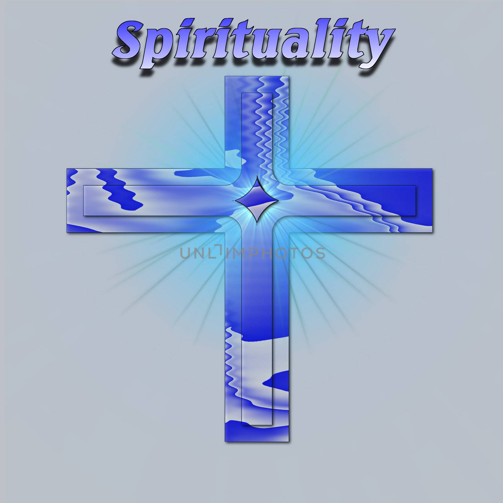 Spirituality concept illustrated with a glowing cross in blue - a raster illustration.