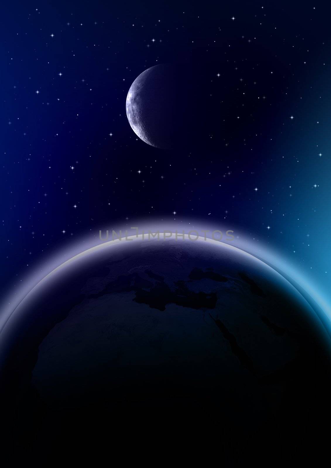 Outer space illustration with earth and moon.