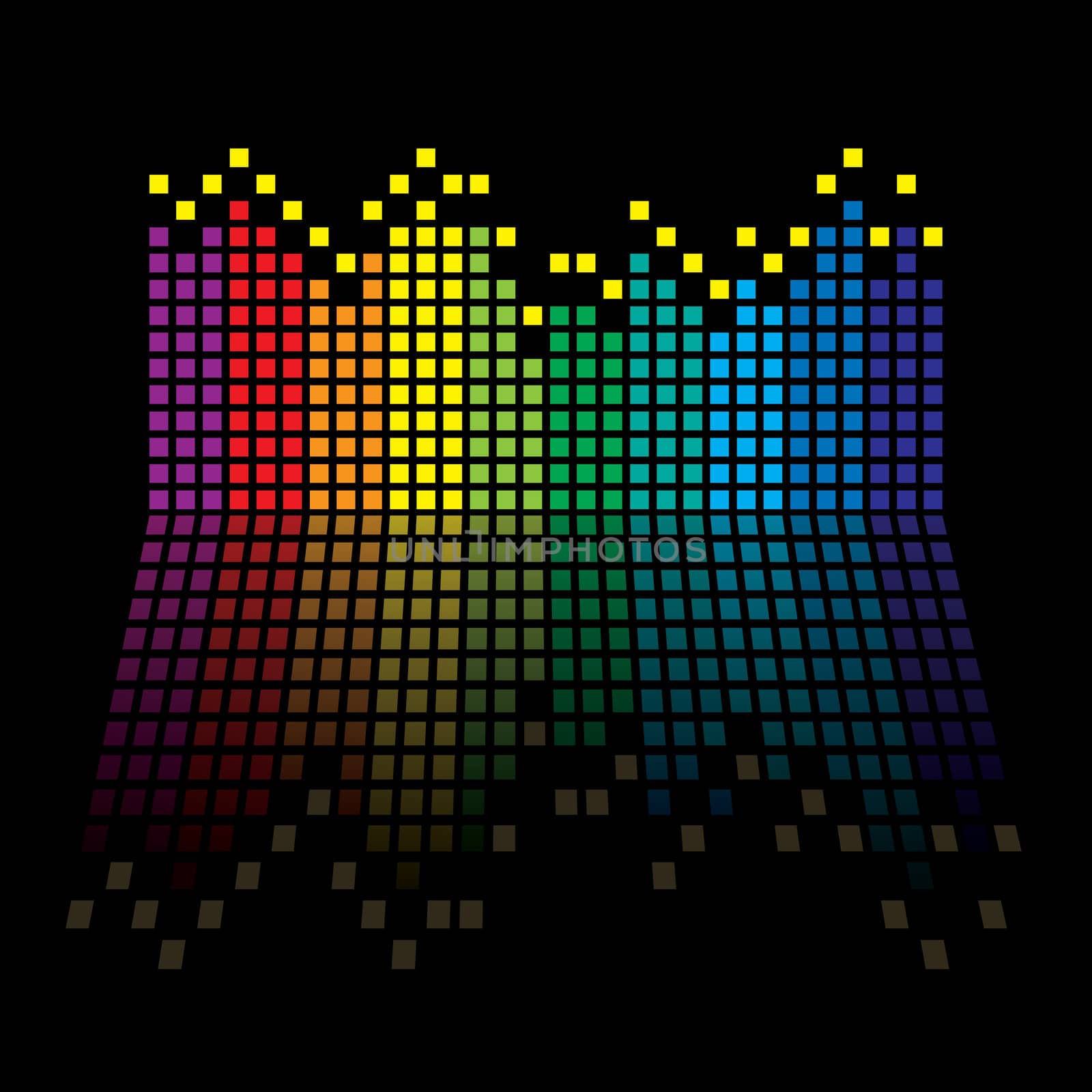 Rainbow music graphic equaliser with reflection in black background