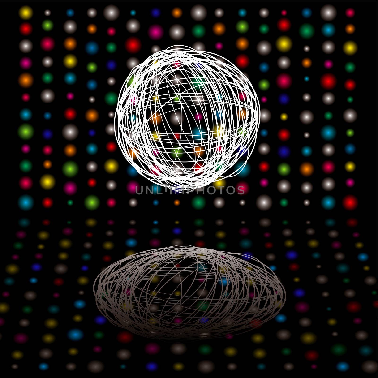 Disco bright lights with scribble ball on a black background