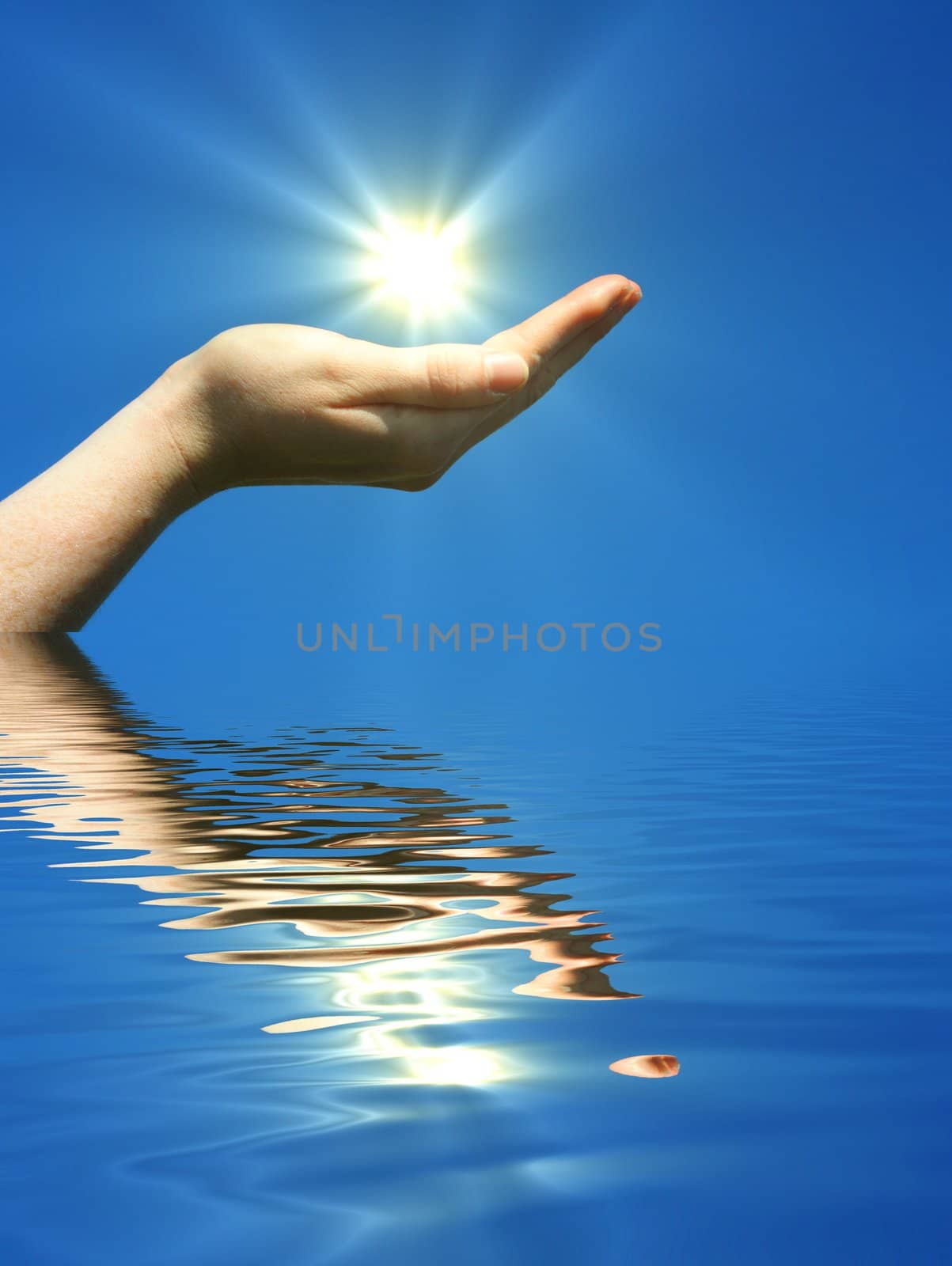 hand holding sun and water reflaction with copyspace