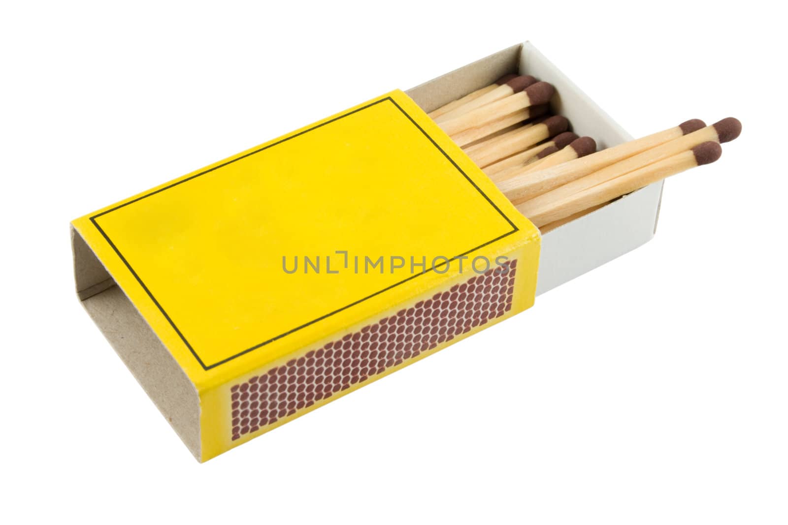 Matches in a matchbox on a white background with copy space