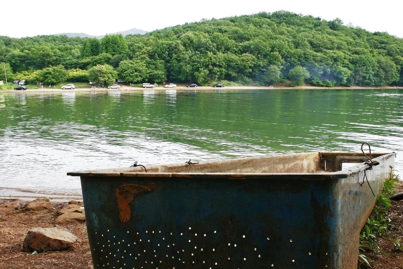 Lake Mountain in Anyang Korea with wreckage of a pool bathtub