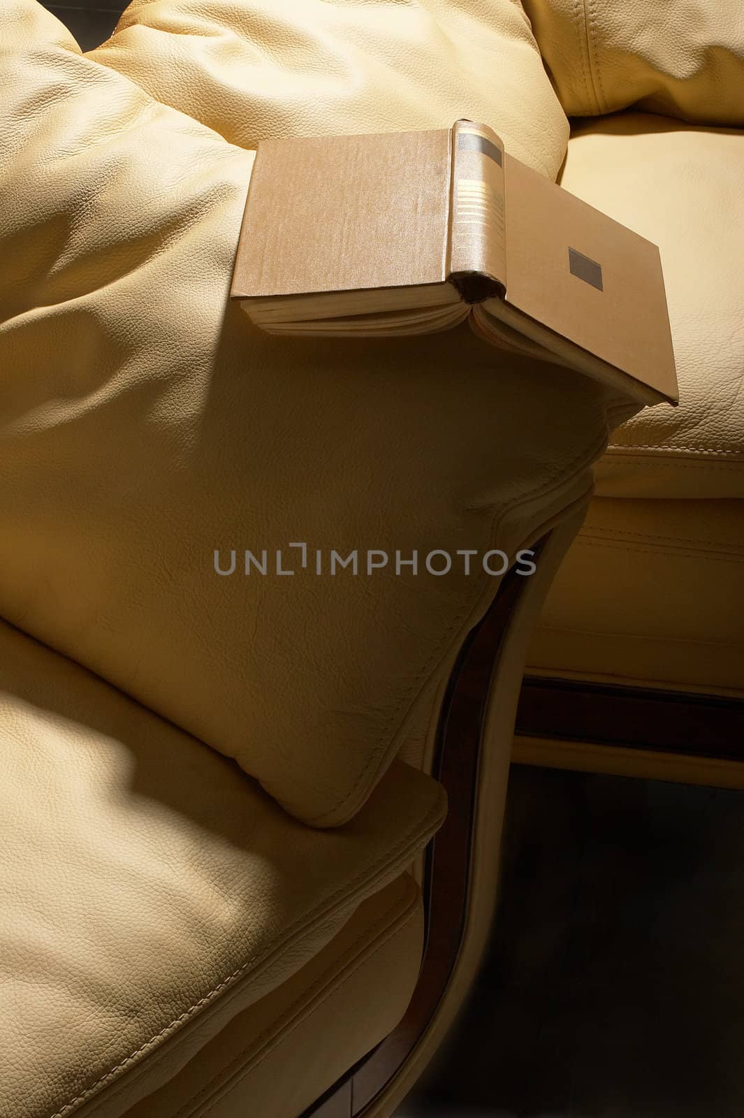 The open book on a leather brown sofa