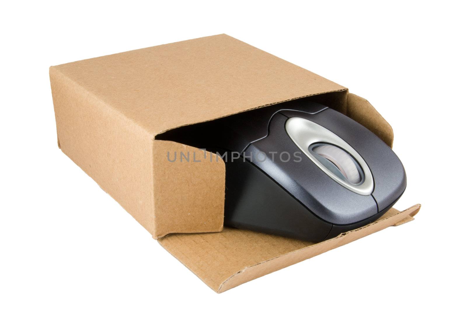 PC Mouse in Cardboard Box isolated on a white background