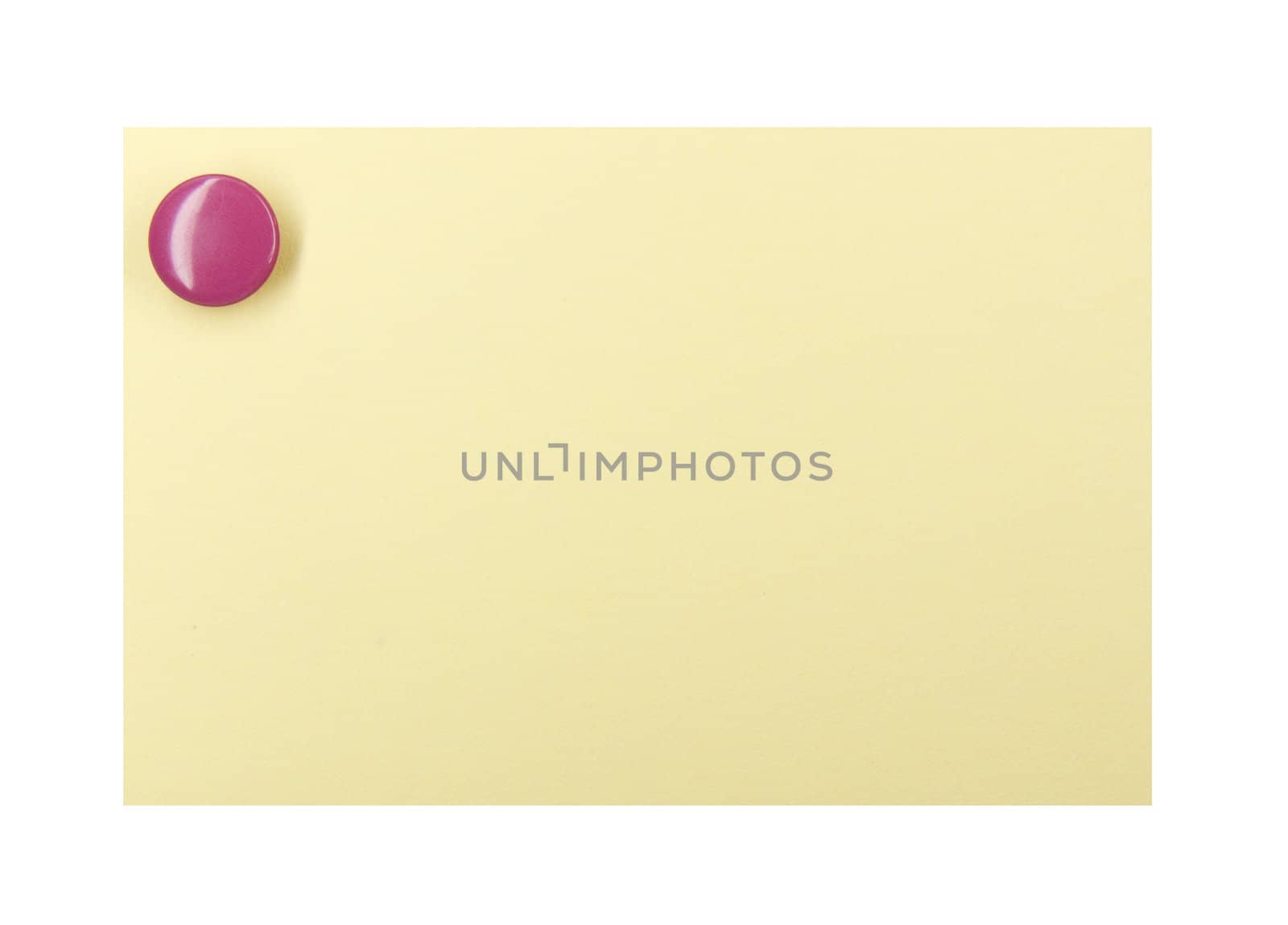 Purple pushpin holding up a yellow note on a white background