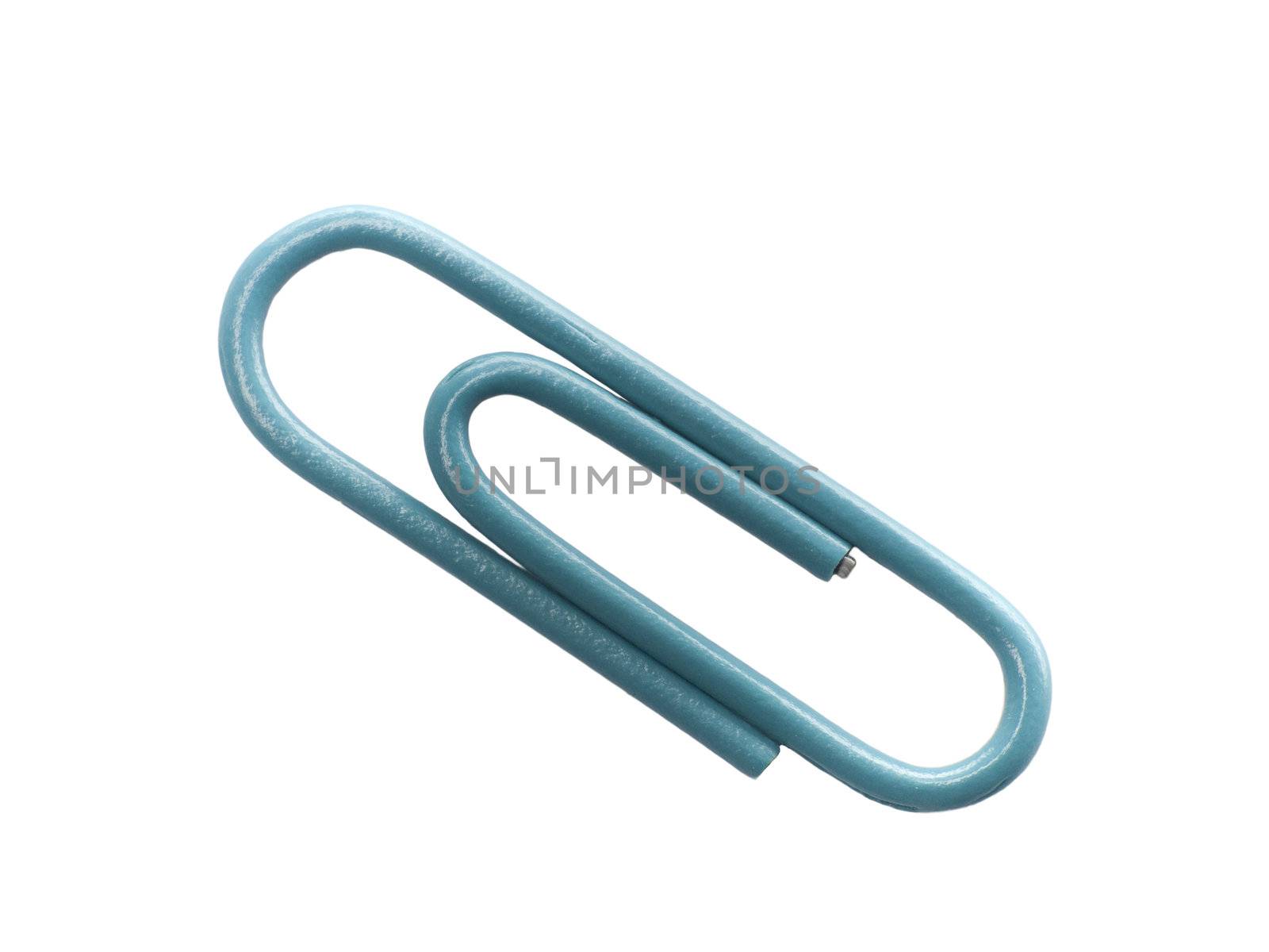 Blue paperclip on a white background