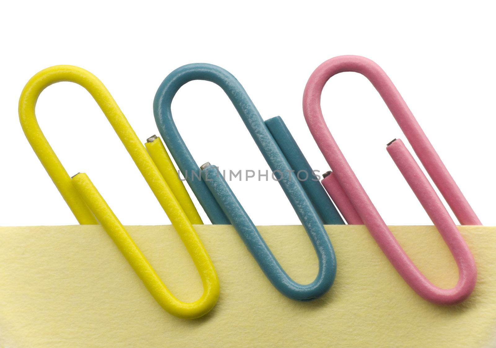 Paperclips on a yellow note with white background