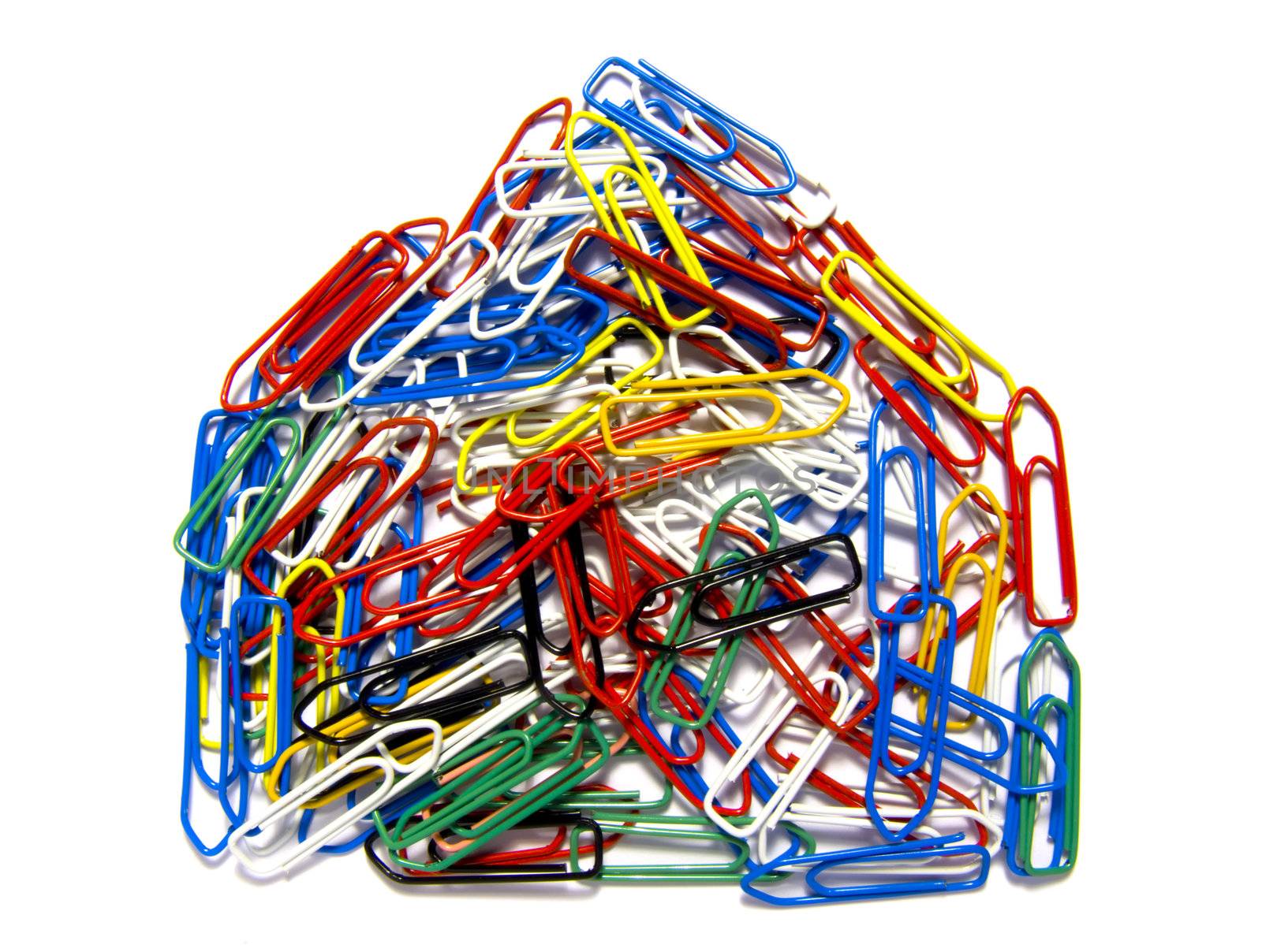 Multicolored paperclips layed out in the shape of a house