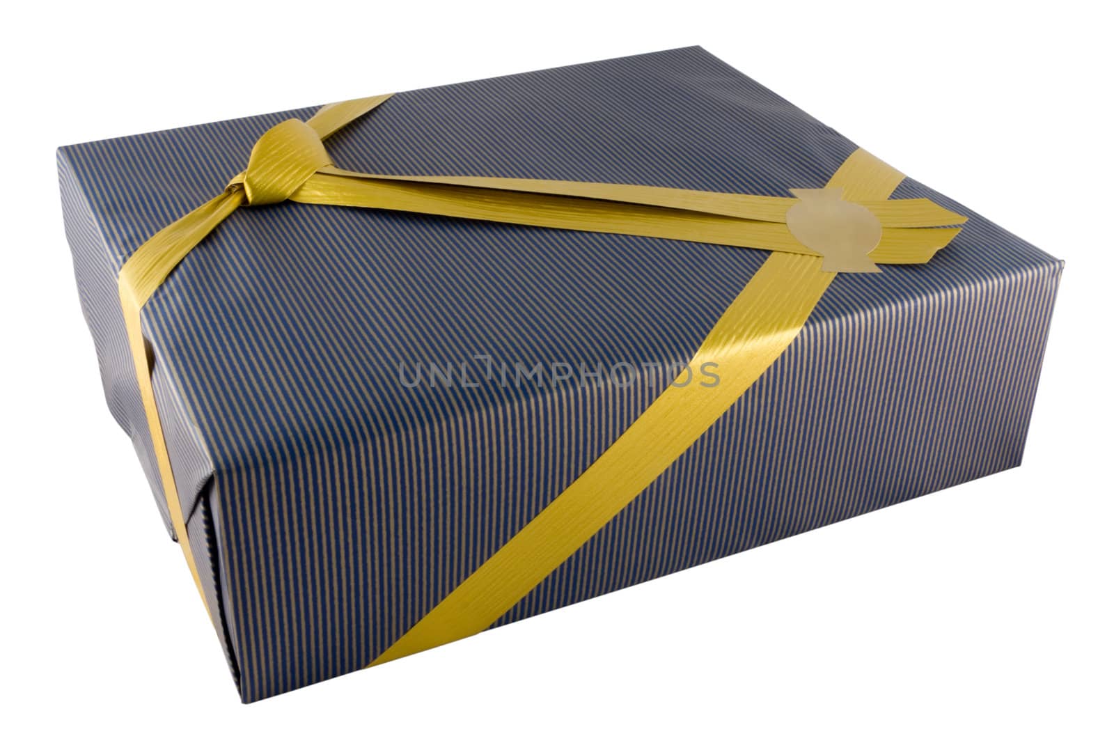 Closeup of Present and golden ribbon with copyspace isolated over white background