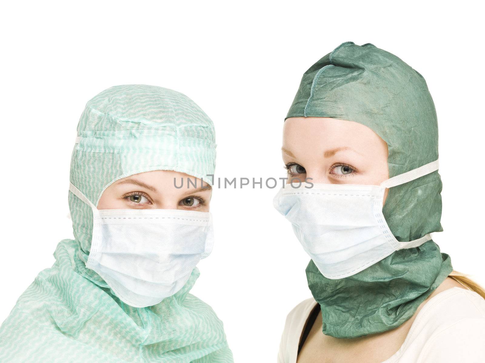 Two Girls with Surgical masks isolated on white background