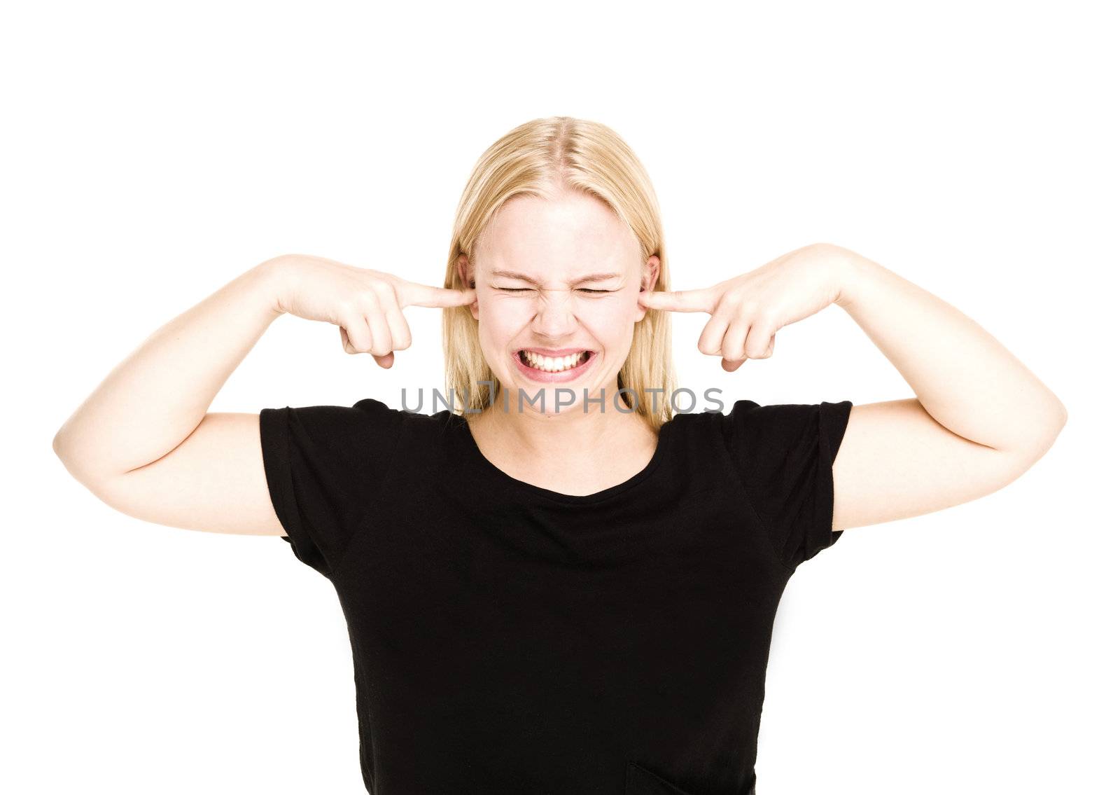 Frustrated Girl dont want to hear isolated on white background
